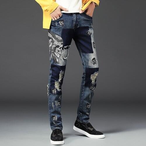 Indian Skull Embroidery Holes New Fashon Brand Men Slim Straight Jeans Blue Stretch Cotton Denim Ripped Patch Fashion Pants
