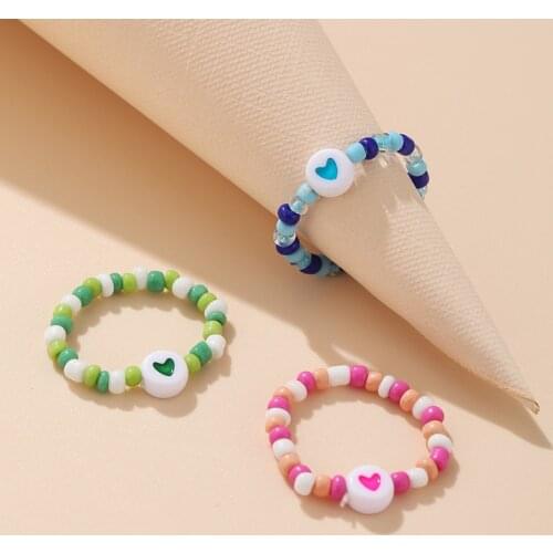 2021 New Fashion Trendy Korean Handmade Multi-color Loves Rice Bead Beaded Ring For Women Girls Aesthetic Jewelry Rings
