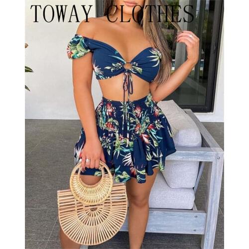 Summer Women Tropical Print Crop Top & Shirring Detail Ruffles Skirt Set