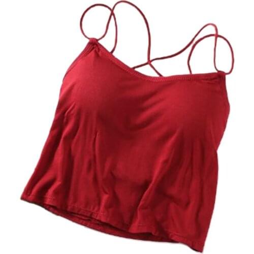 Women Modal Sleeveless Tank Top Sexy Criss Cross Backless Basic Camisole Solid Color Push Up Padded Wireless Slim Vest Underwear