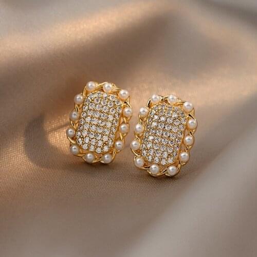 Cute Female Crystal Square Stud Earrings Charm Gold Color Zircon Wedding Earrings For Women Dainty White Pearl Small Earrings