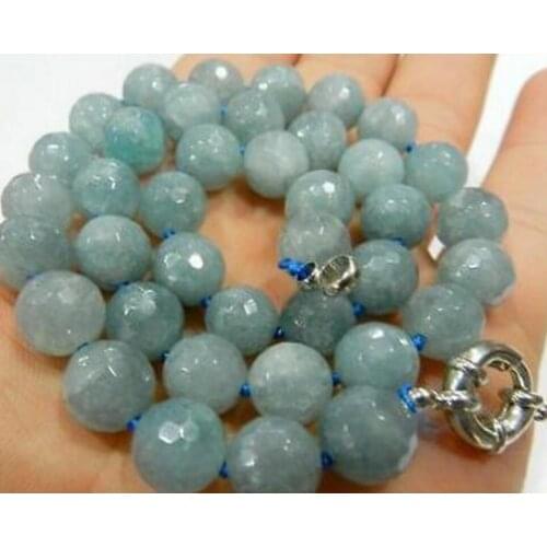 Fashion jewelry Natural 10mm Faceted Round Aquamarine Gemstone Beads Necklac