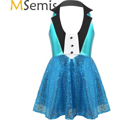 MSemis Kids Halter Shiny Sequins Jazz Dress Girls Ballet Leotard Stage Performance Dress Sleeveless Latin Jazz Tap Dance Costume
