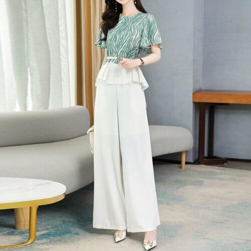 Women Irregular Asymmetrical Short Sleeve T-shirt+Wide Leg Pants Suits Ruffles Tops Vintage Pant Sets Elegant Woman 2 Piece Set