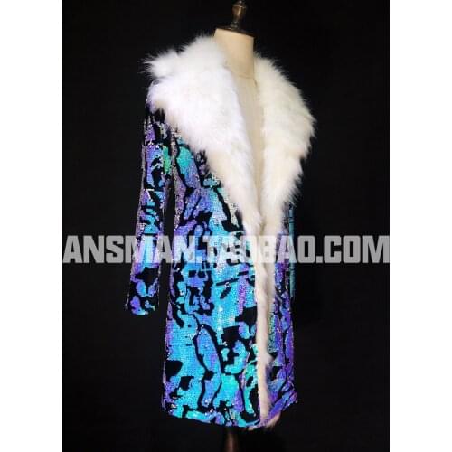 New style nightclub bar male singer DJ DS GOGO colorful blue sequined fur long coat costume coat