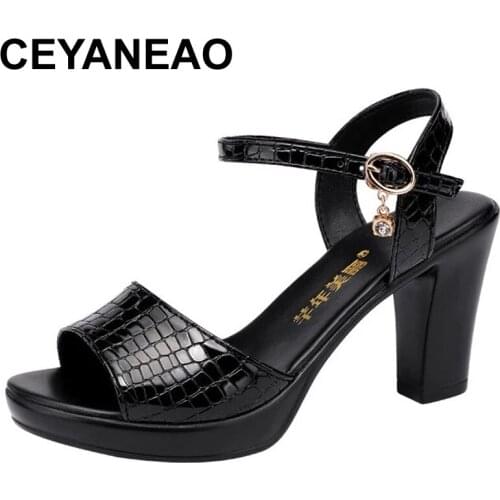 CEYANEAONew Fashion2021Women Sandals Big Size Red Patent Leather Shoes Block Heels Summer Sandals Open Toe for Ladies Officeshoe