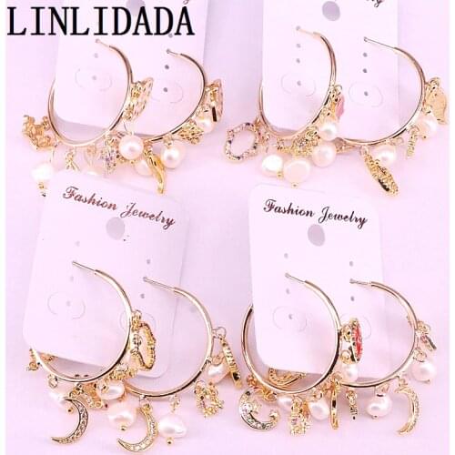 4Pair Natural Pearl Beads Earring CZ Enamel Charms Gold Round Earring Woman Jewelry