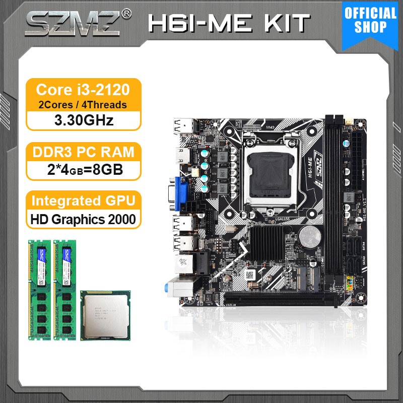 SZMZ H61 PC Motherboard LGA 1155 with Intel Core i3 2120 CPU and 2*4GB DDR3 1600MHz memory Kit plate pc gamer placa mae 1155