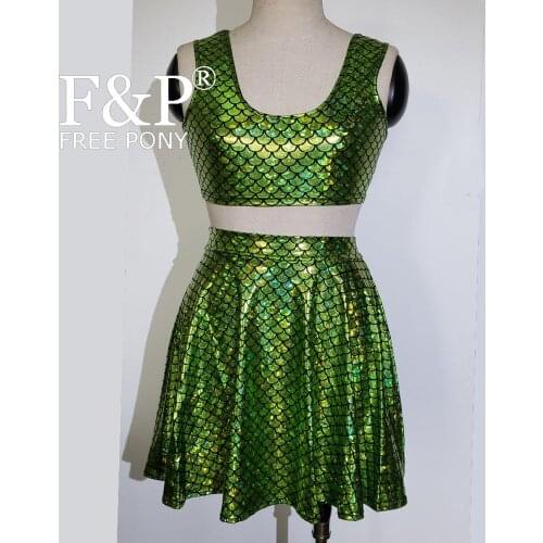 Halloween Mermaid Cosplay Costumes Holographic Rave Pole Dance Top Burning Man Festival Bottom Skirt