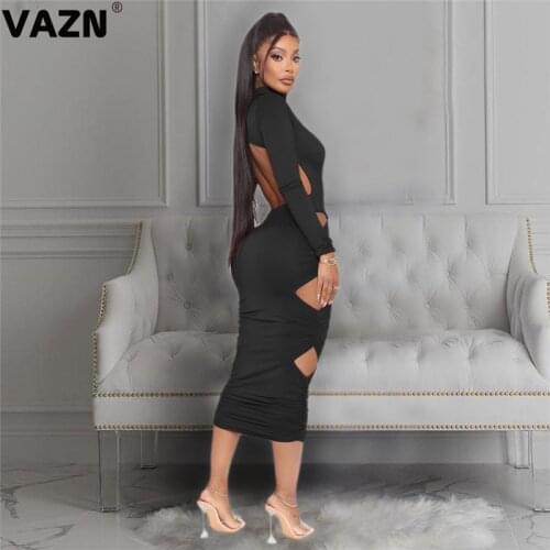 VAZN 2020 New Plus Size Unusual Hollow Out Sexy Club Open Solid Elegant Backless Full Sleeve Women High Waist Thin Midi Dress