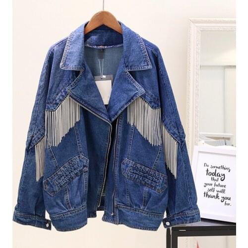 Autumn 2018 New Loose Heavy Industrial Chain Tassel Locomotive Denim Jacket Coats Womans Dark Blue Long Sleeve Jeans Jacket