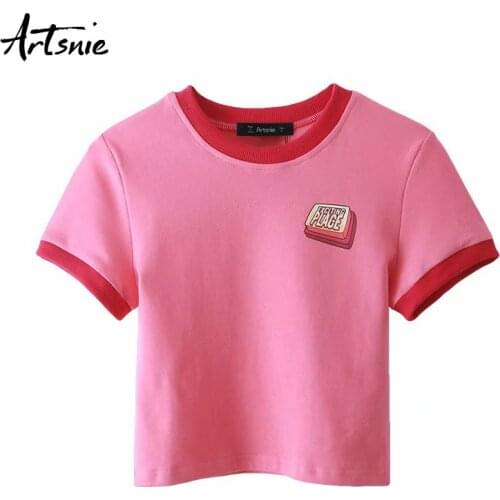 Artsnie streetwear casual crop tops summer o neck short sleeve t shirt femme pink knitted slim girls cropped t-shirt mujer