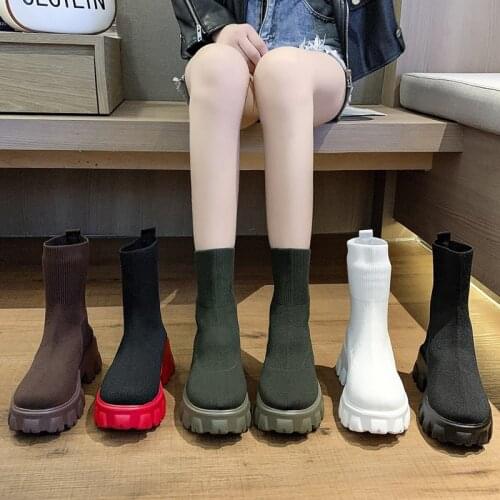 Fashion 2021 Women Stretch Boots Big Size Spring Autumn Mesh Round Toe Shoes Female Med Heels Shoes Ladies Ankle Short Boots