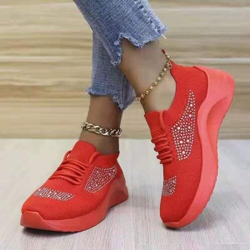 Large Size Womens Shoes Summer New Breathable Sports Shoes Mesh Water Drill Fly Weaving Casual Running Shoes