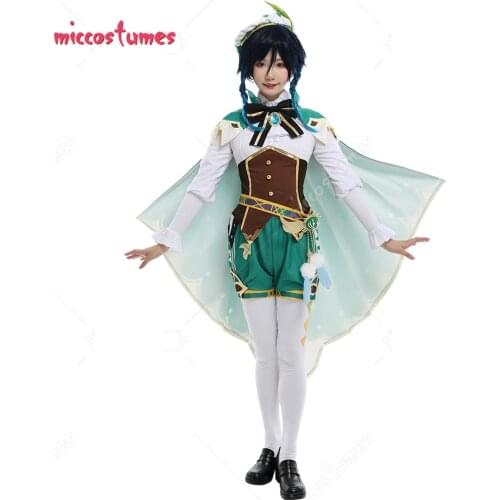 Genshin Impact Bards Venti Female Wind Archon Cosplay Costume Fullset with Cloak and Feather Waist Accessory