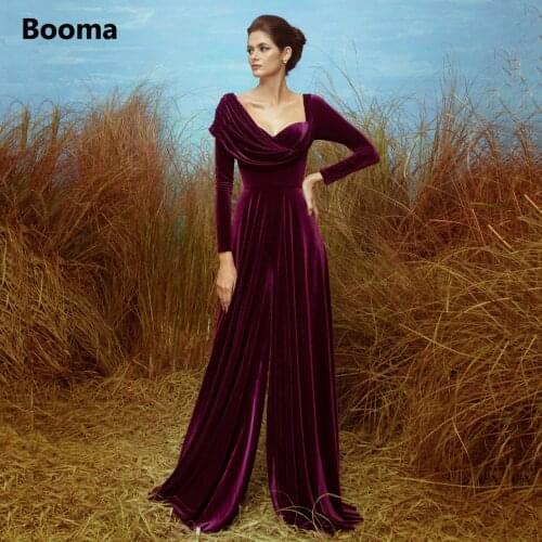 Vintage Burgundy Velvet Evening Dresses Long Sleeves Slit Velour A-Line Prom Dresses Sweetheart Draped Long Formal Gowns