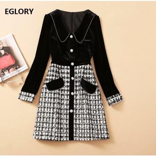 Winter Dress 2020 Fashion Style Women Turn-down Collar Plaid Wool Velvet Patchwork Long Sleeve Bodycon Casual Warm Dress Vintage