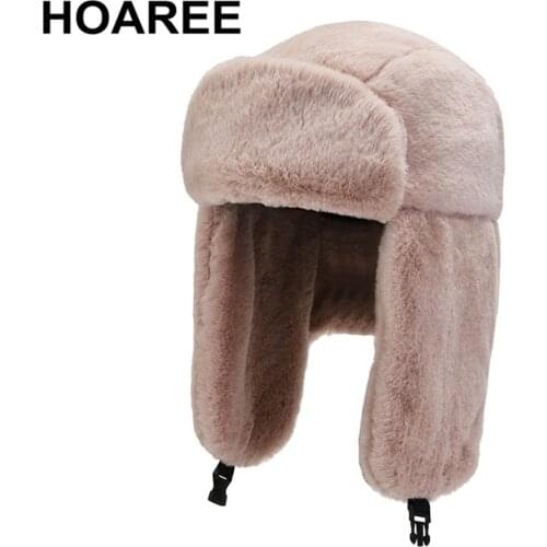 HOAREE Winter Hat Pink Women Hat Faux Rabbit Fur Bomber Hats Earflap Thick Snow Ski Brand Solid Black Pink Khaki Russian Cap
