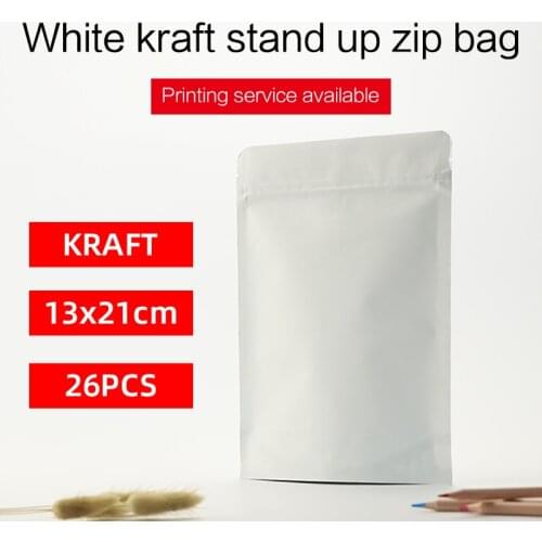 13x21cm 26pcs white kraft paper stand up pouch with zipper aluminum foil zip lock bag resealable coffee snak food packaging bag