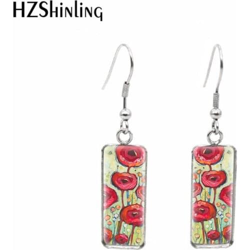 2019 New Red Blue Flowers Rectangular Earring Poppies Art Fish Hook Earring Glass Handmade Jewelry