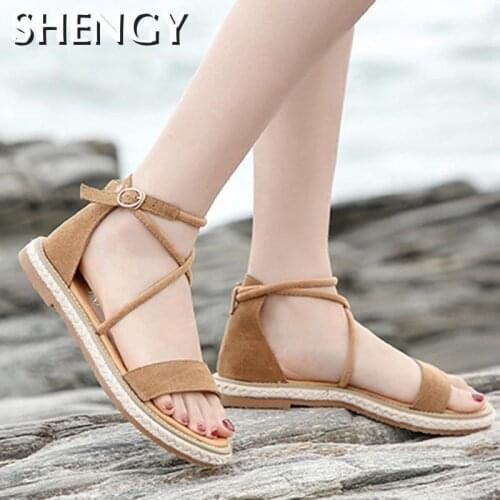 2020 Women Suede Sandals Womens Hemp Flats Buckle Cross Straps Fashion Ladies Gladiator Female Non Slip Beach Office Shoes