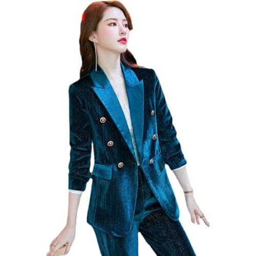 Gold Velvet High-quality Womens Office Suit Pants Two-piece Business Professional Overalls Jacket Elegant Bell Bottom Pants