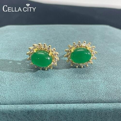 Cellacity Classic 925 sterling silver stub earrings with oval shape emerald gemstones gold color silver wedding party gifts