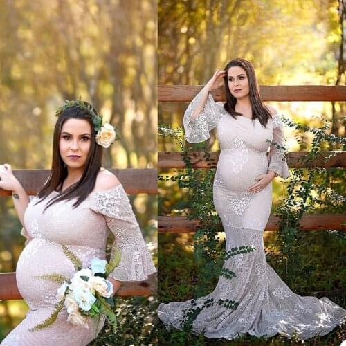 Elegant Maternity Gown Lace Floor Length Slim Fit Dress Pregnant Women Clothes Photography Party Wedding Prom Robe