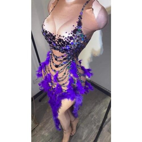 Purple bird feather dress sexy women stage show dresses DJ DS Nightclub bar women party costume
