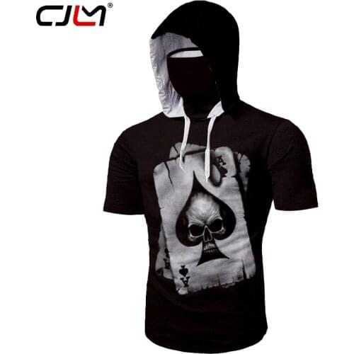 CJLM Men Short-Sleeved Mask Hooded T Shirt Black Tee Print Skull Poker 3D Ninja Gothic Shirt Punk Style 5XL Wholesale Dropship