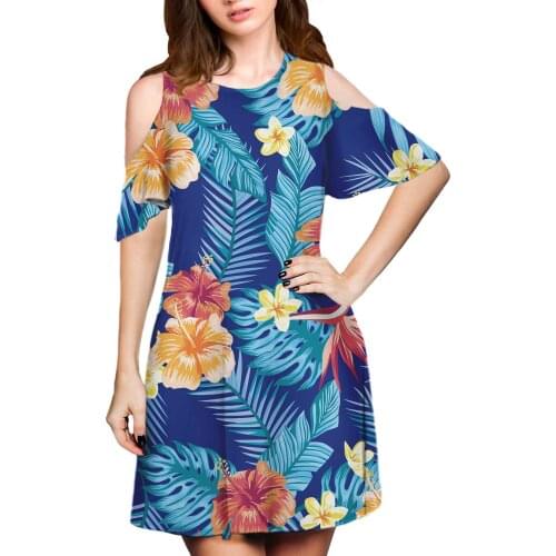 Hycool Blue Polynesian Hibiscus Print Women Casual Dress 2021 Custom Sexy Charming Dress Wholesale Girl Short Sleeve Party Gowns