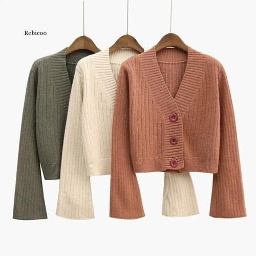Cardigan Autumn Long Flare Sleeve Short Sweater Women Ribbed Knitted Cotton Tops Black White Ladies Soft Outwear Female