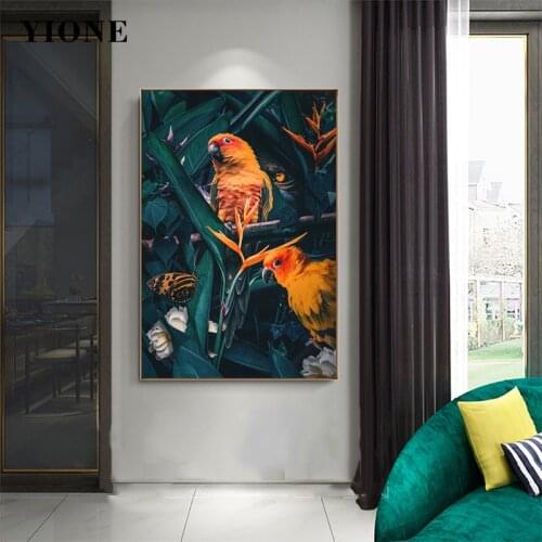 Modern Animal Painting Custom Parrot Butterfly Green Leaves Flower Wall Picture Canvas Art Poster Prints Living Room Aisle Decor