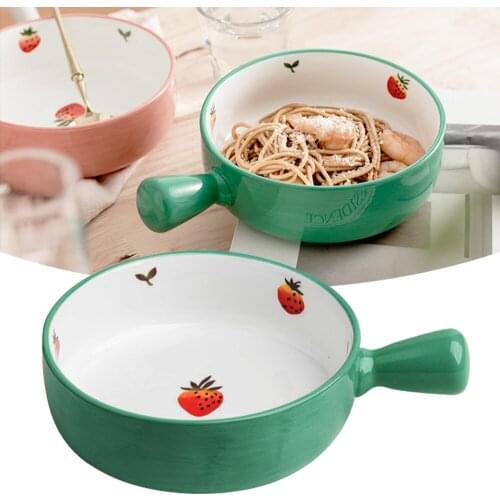 Nordic Ceramic Salad Bowl With Handle Cute Strawberry Pattern Bowl Microwave Oven Dessert Soup Noodle Bowl Kitchen Fruit Plate