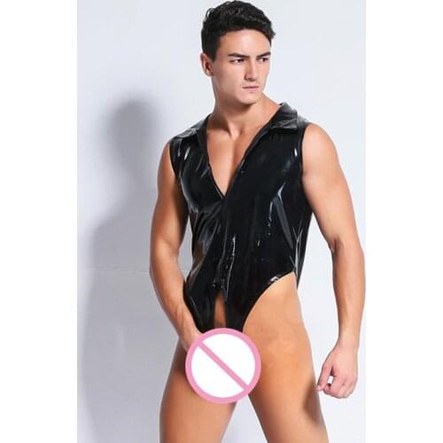 Male Erotic Latex Bodysuit Sissy Pants Patent Leather Fetish Crotchless Costumes Porno Gay Clothing for BDSM Bondage Sex