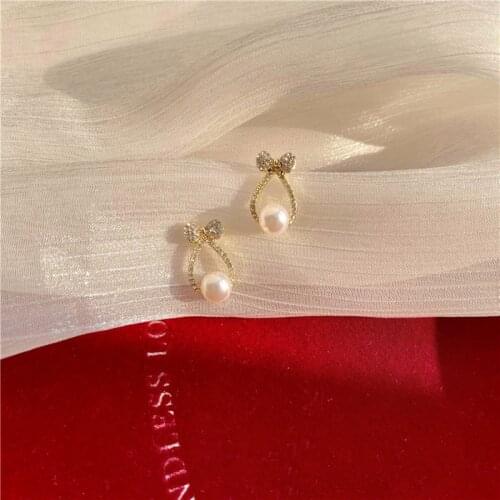 Girls Sweet Rhinestone Bowknot Clip on Earrings Shiny Simulated-pearls Piercing Earrings