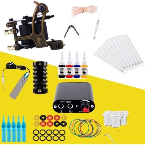 Begining Tattoo Machine Kit Set 1 Coils Guns 4 Colors Pigment Inks Sets Black Power Tattoo Beginner Grip Kit Permanent Makeup