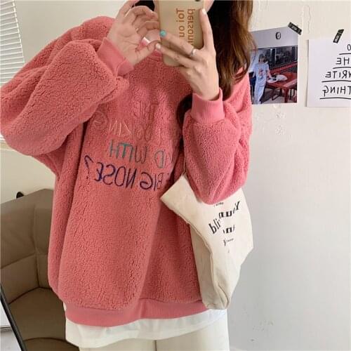 New Pink Embroidery Letter Stitching Fake Two Pieces Lamb Wool Sweatshirt Women Autumn Winter Plush Thickened Coat Women
