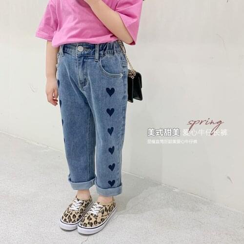 2021 Spring And Autumn New Girls' Love Jeans Childrens Casual Straight Pants Kids Clothes Children Clothing Girls Fashion Loose