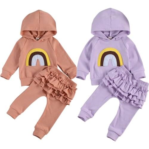 0-3Y Autumn Baby Girls Clothes Sets Rainbow Print Long Sleeve Hooded Pullover Tops Ruffles Pants 2pcs