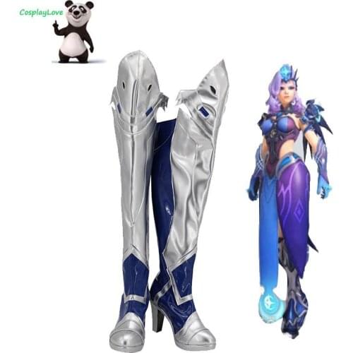 OW Game Blue Mercy Charity Skin Mercy Angela Ziegler Blue Silver Shoes Cosplay Long Boots Leather Custom Made
