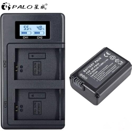 PALO 2pcs 2000mAh NP FW50 + USB intelligent LCD NP-FW50 Charger Camera Battery for Sony Alpha a6500 a6300 a6000 a5000 a3000