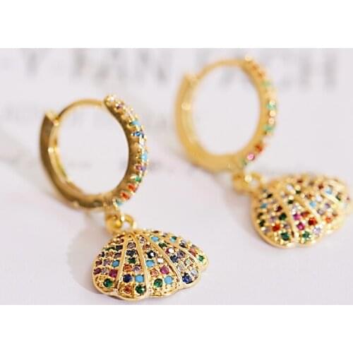 Luxury Corful Zircon Shell Earrings For Women Hand Shape Dangle Earrings Gold Alloy Metal Wedding Earrings Ladies Oorbellen