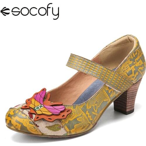 SOCOFY Women Elegant Style Butterfly Decor Printed Pumps Cowhide Leather Hook Loop Comfy Round Toe Casual Chunky Heel Pumps