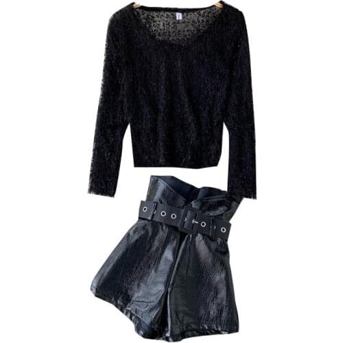WIGADFHK Korean Fashion Two Piece Suit Autumn Slim Furry fringed crop top+Leather Wide Leg Shorts Suit Women Long Sleeve Set