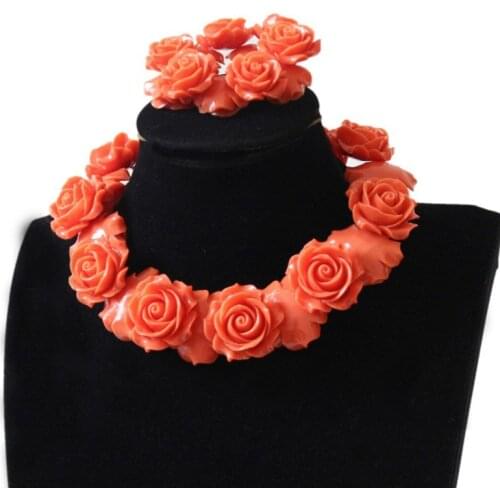 Dudo Jewellery Set 30mm Coral Flowers 18 Inches Necklace 8 Inches Bracelet with Earrings African beads Nigerian Wedding New