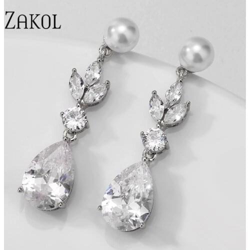 ZAKOL Luxury Drop Shape Pearl Cubic Zirconia Pendant Dangle Earrings Wedding Party Jewelry for Women FSEP2724