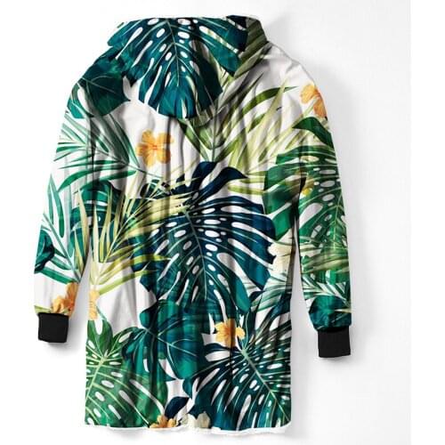 Green Leaves Sherpa Hooded Sleeve Blanket Flowers Leaf Bedspread Tropical Plants Velvet Plush Sweatshirt Blanket Hoodie