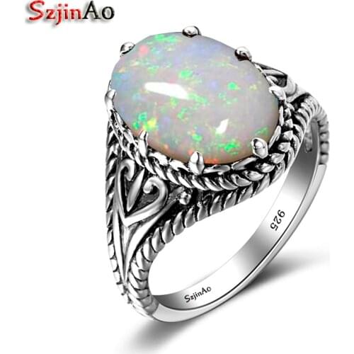 Szjinao Trendy Oval Egg Opal Ring 925 Sterling Silver Women Jewelry Gemstone Blue Fire Gothic Halo Engagement Wedding Gift