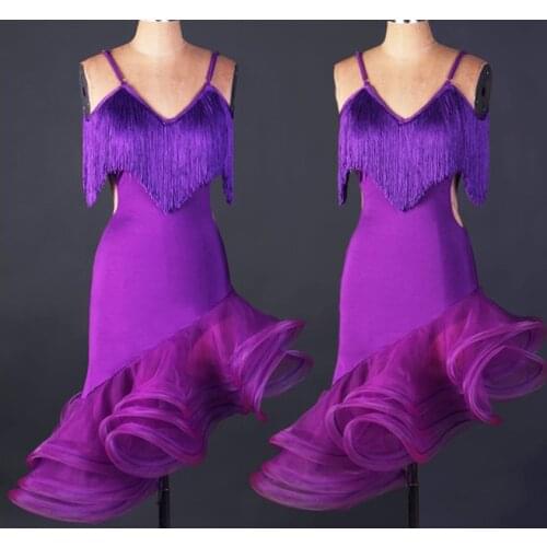 Purple tassel spiral tassel Paso Double jive Rumba cha cha salsa Latin dance dress competition wear S-XXXL